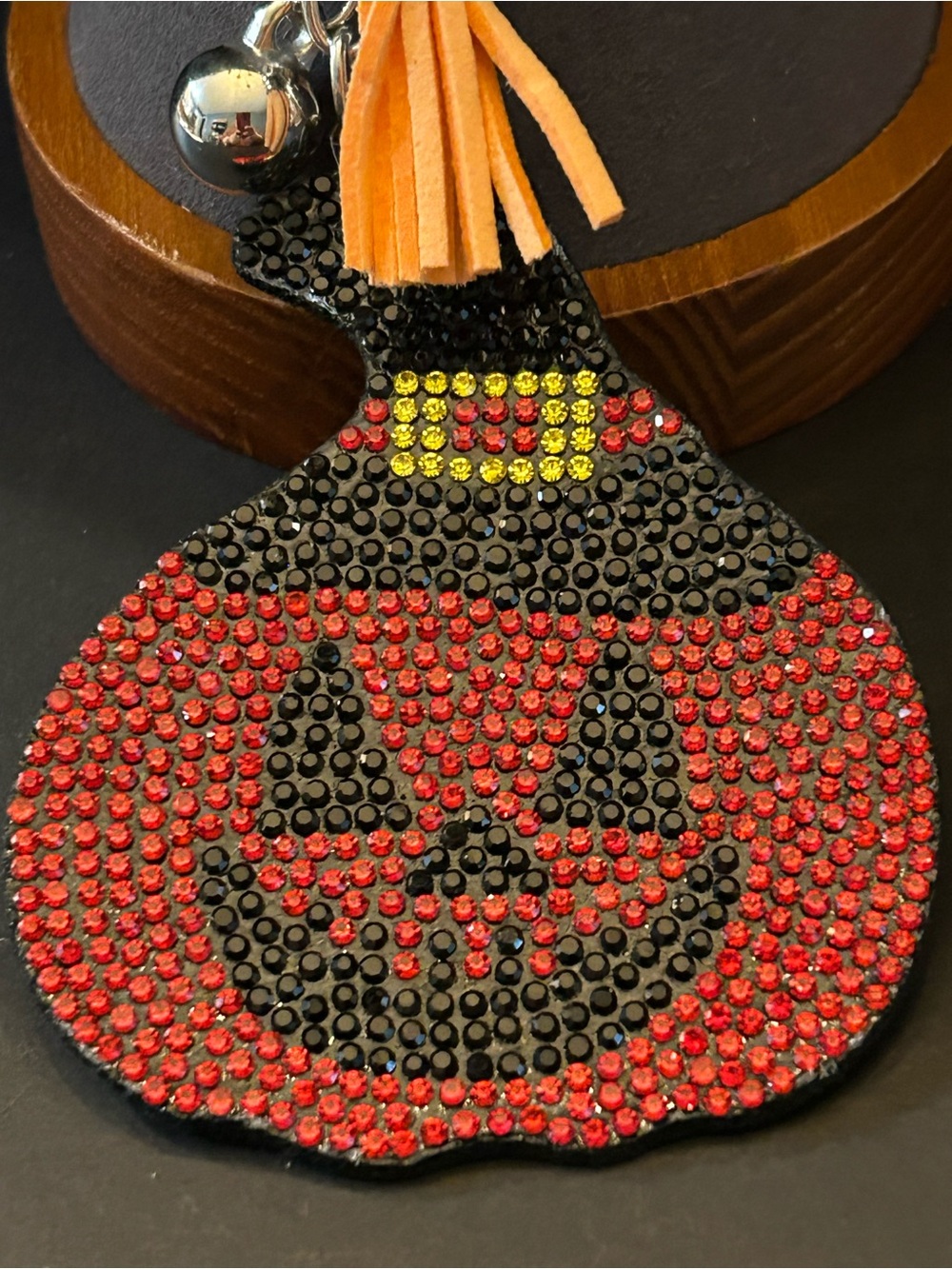 Orange & Black Crystal Pumpkin 🎃 Flat Bag Charm Keychain w/Tassel & Gold Clasps